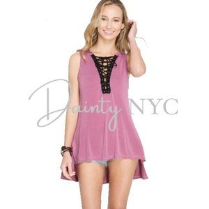 Hi Lo High Low Lace Up Hoodie Top Sleeveless